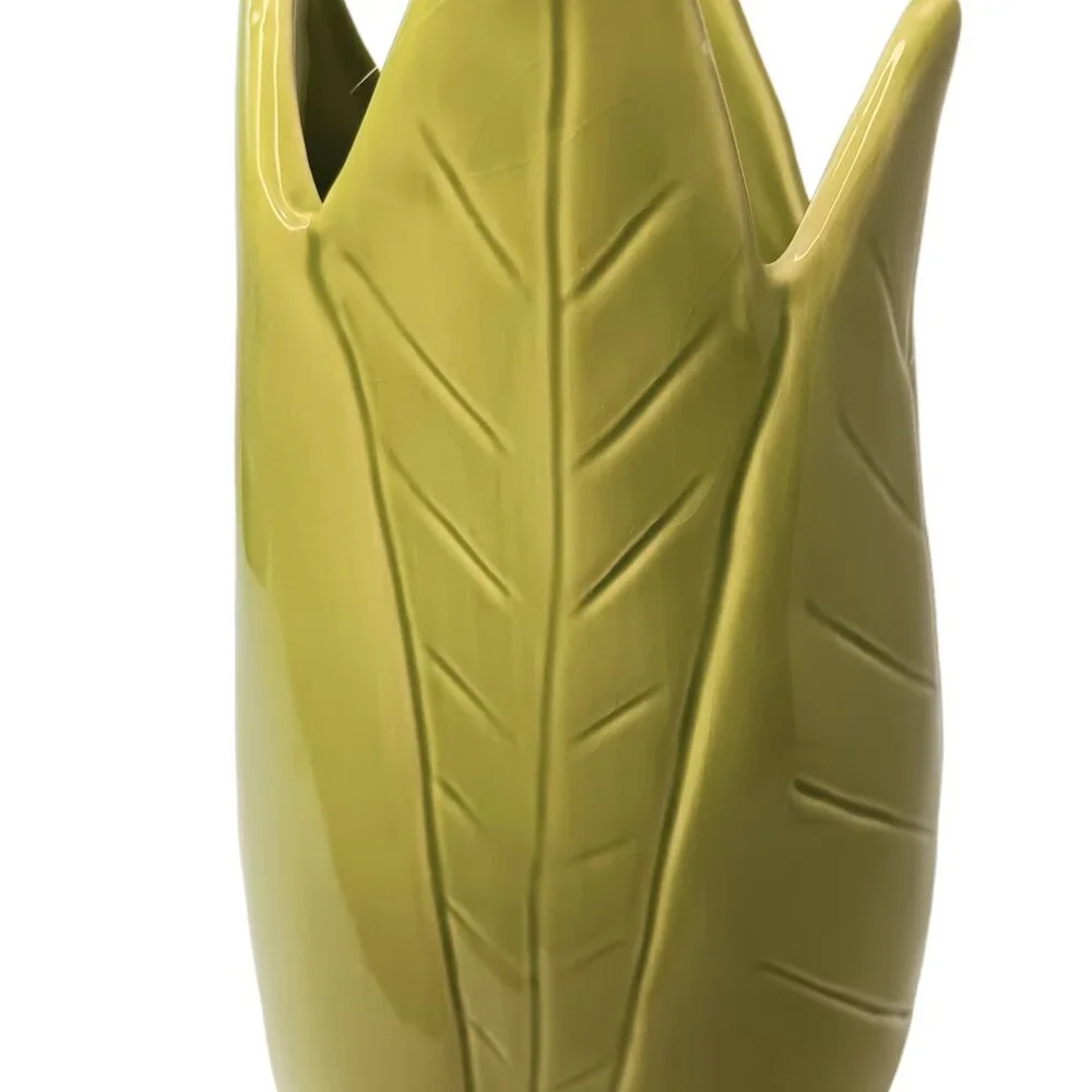 Pottery Barn Green Banana Leaf Vase Tropical Jungle 9